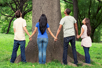 young people surounding a tree